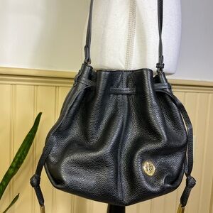 Vince Camuto Drawstring Black Leather Crossbody Saddle Bucket Bag Purse